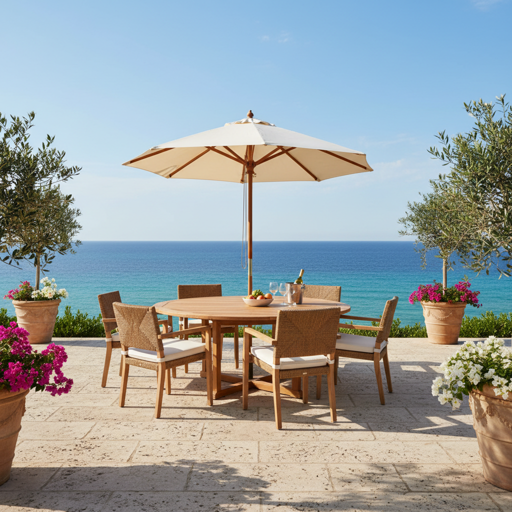 Teak outdoor dining set on a sunlit limestone terrace with ocean view, six chairs and parasol