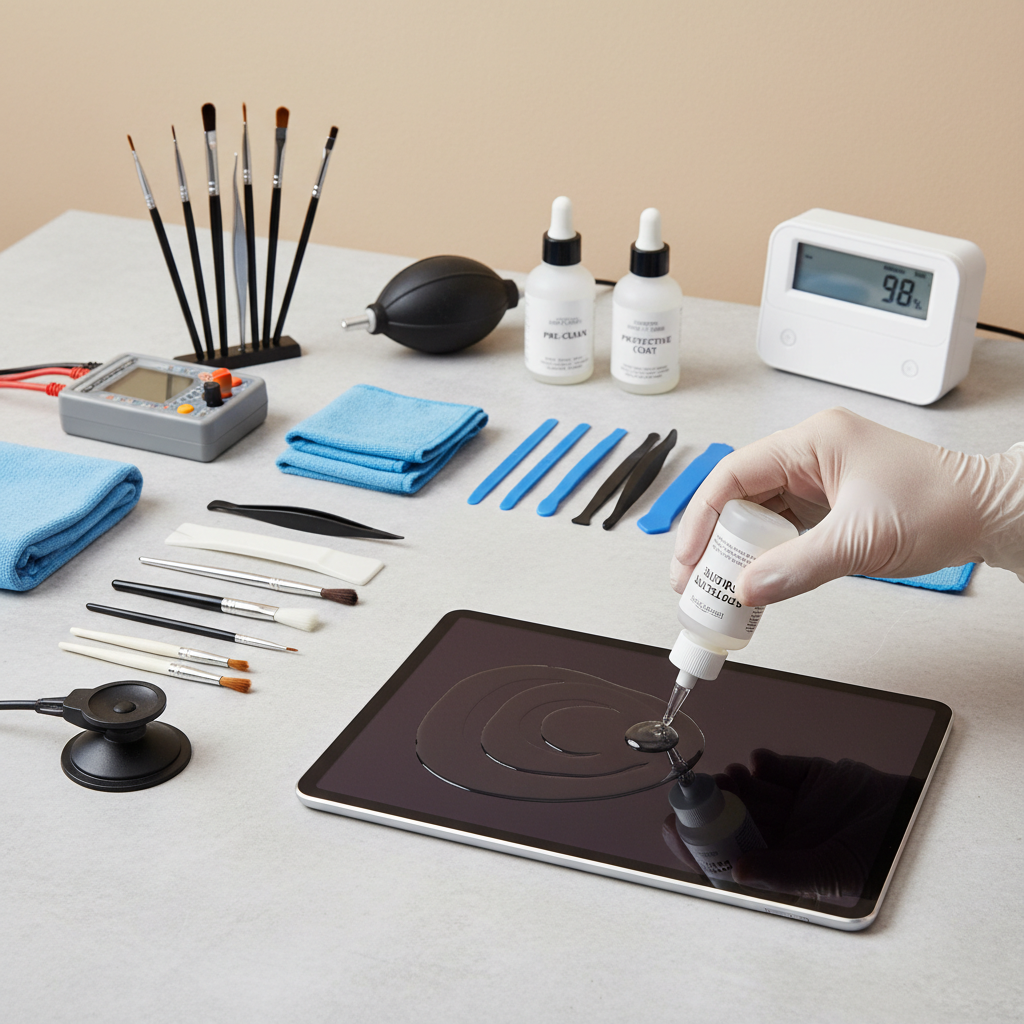 Técnico aplicando película de proteção em tela de celular, foco no processo de instalação cuidadosa