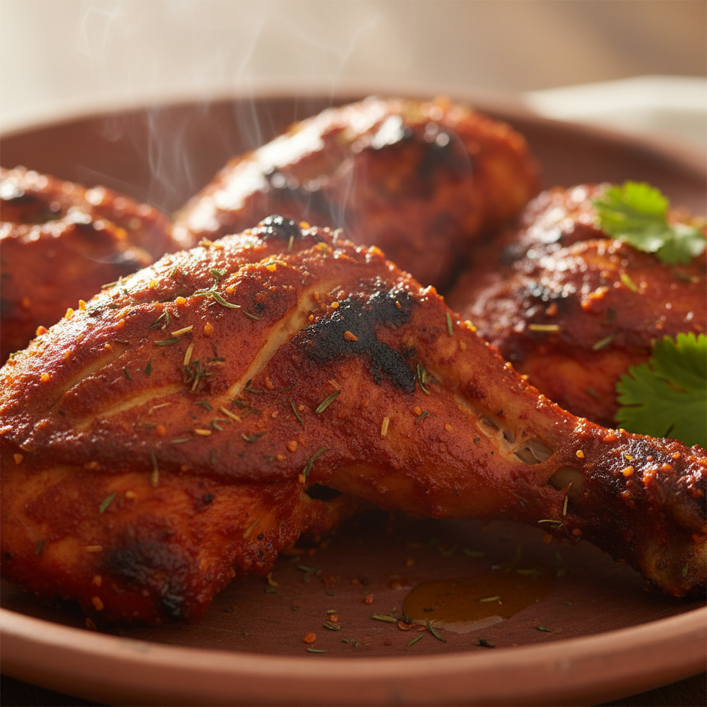 Tandoori chicken with charred edges, bright orange spice marinade, served with naan on dark plate