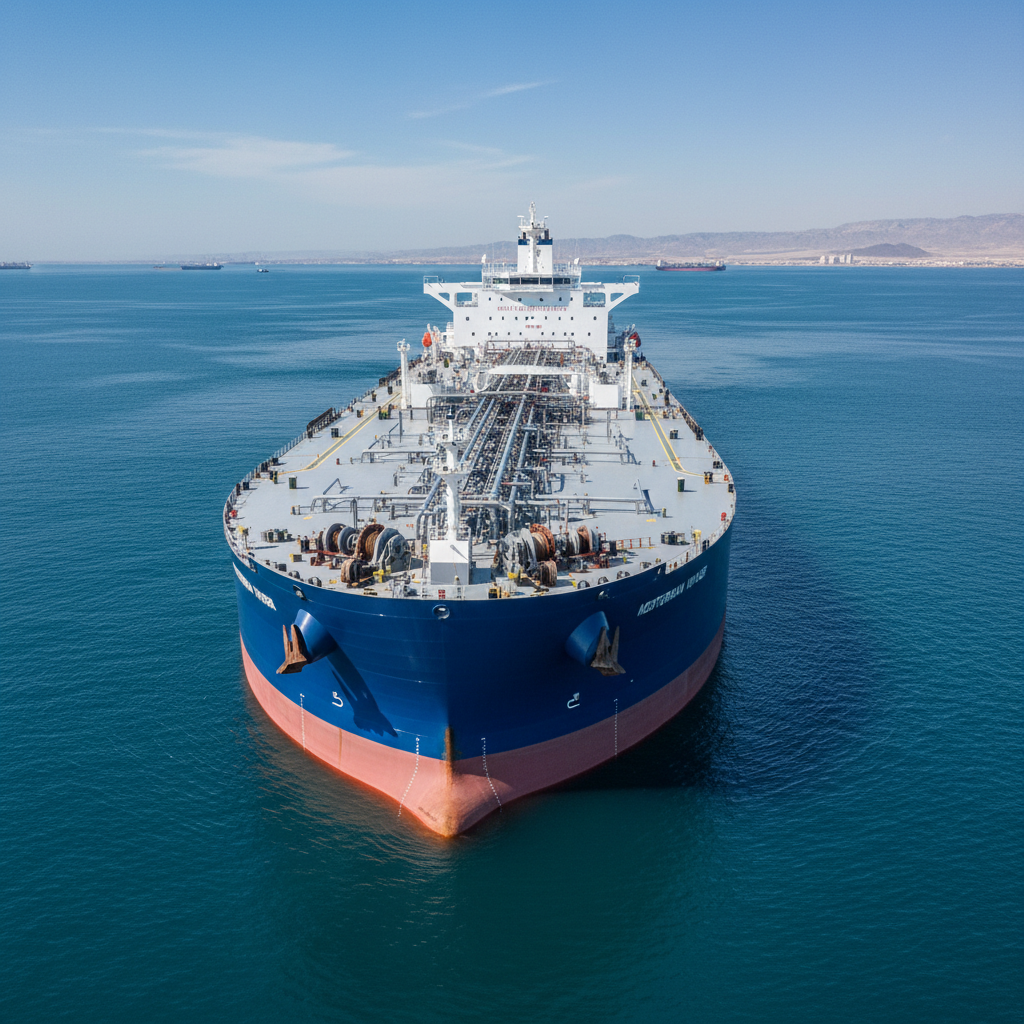 CS Tanker VLCC crude oil tanker at sea, large vessel sailing on calm ocean, aerial perspective