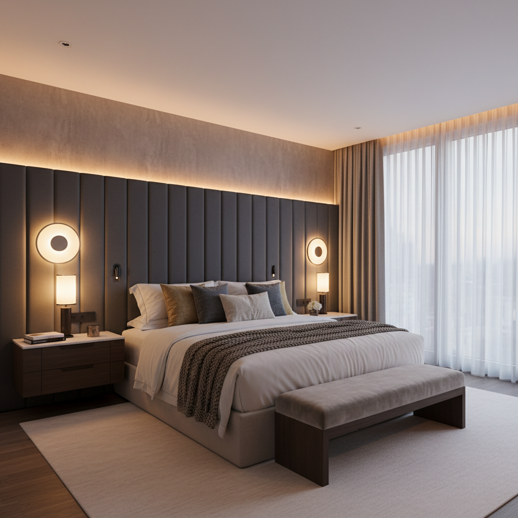 Luxury master bedroom renovation with warm linen tones, custom built-in wardrobe, and softambient lighting in a desert contemporary style
