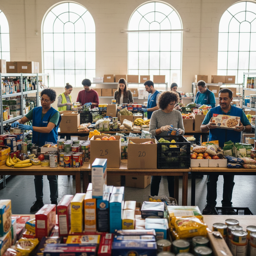 Community food bank volunteers sorting donations, documentary campaign still frame