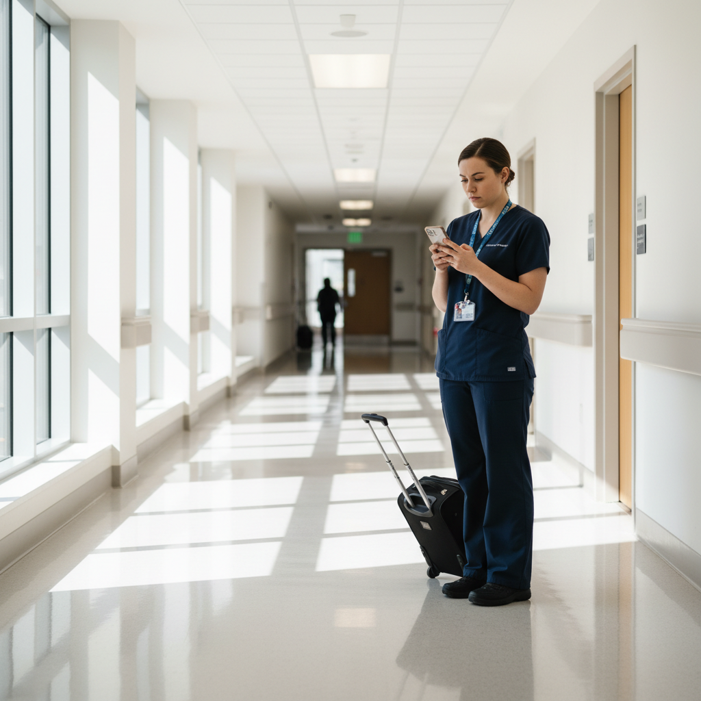 Travel nurse with rolling luggage in hospital corridor, badge lanyard visible, looking at phone with natural light from windows