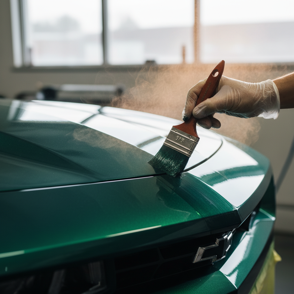 Painter applying deep green pearl base coat to Camaro hood, metallic pearl visible in amber-tinted spray mist