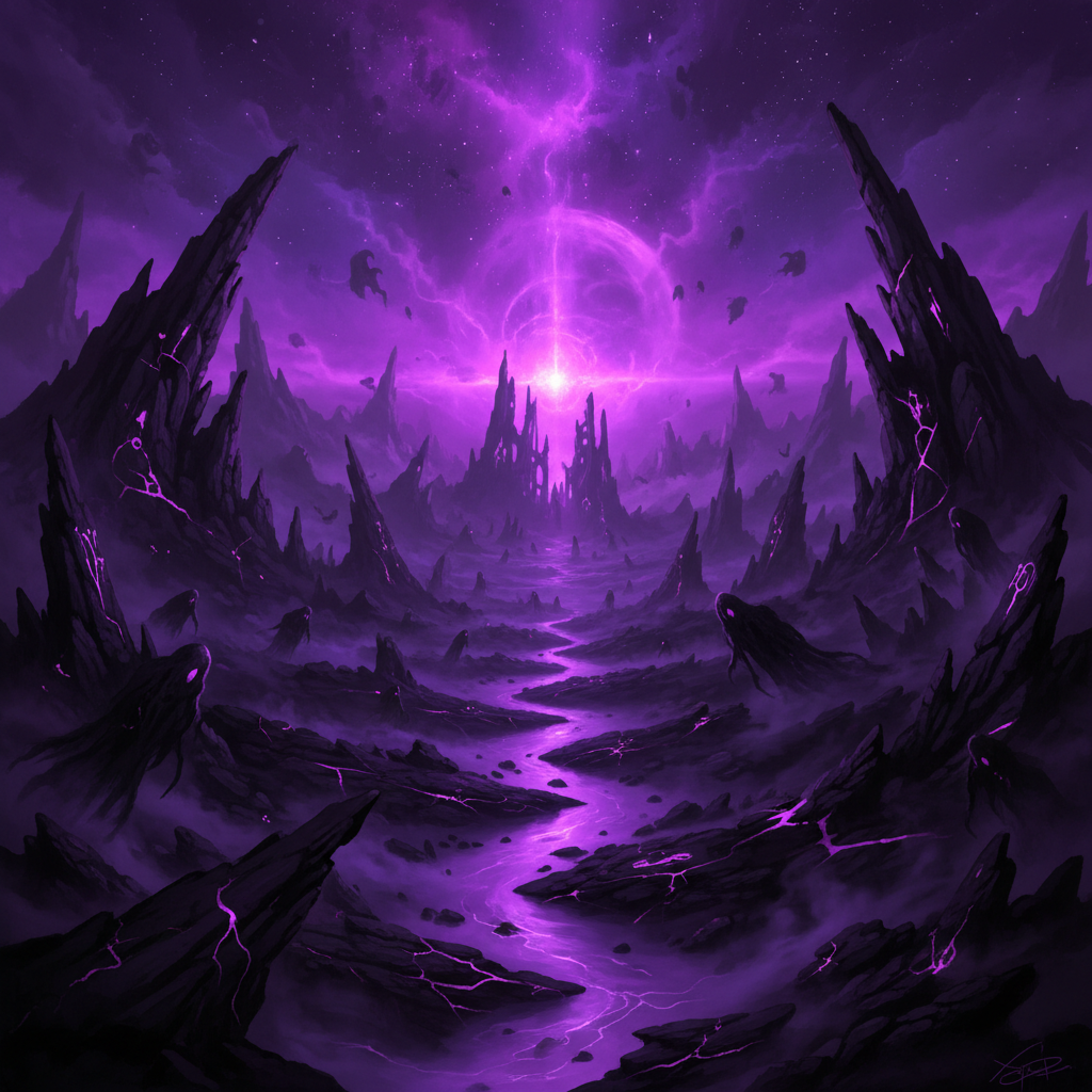 Dark twilight realm with deep purple and black shadows, ominous atmosphere, haunted landscape