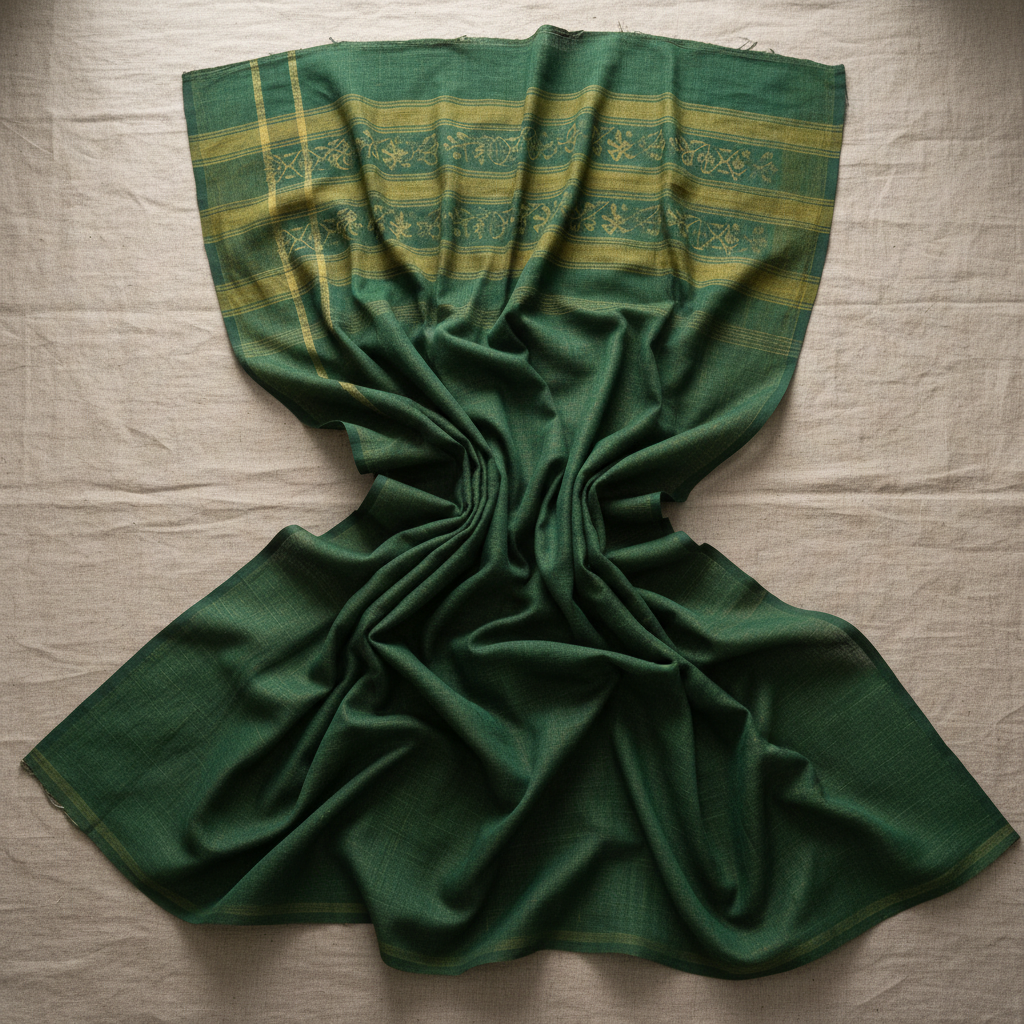 Forest green handwoven Khadi dupatta draped loosely, natural texture visible, warm studio light