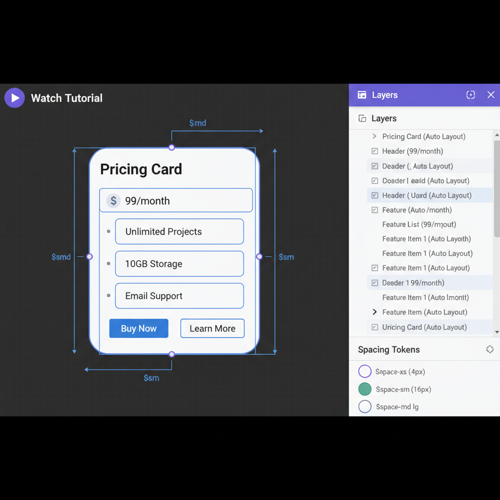Figma auto-layout tutorial preview showing component structure with nested frames and spacing tokens