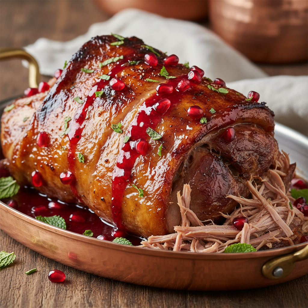 Slow-roasted lamb shoulder with pomegranate glaze on a copper serving dish
