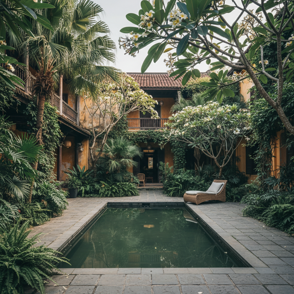 Serene colonial villa courtyard in Hoi An surrounded by tropical plants, a single rattan chair beside a reflecting pool