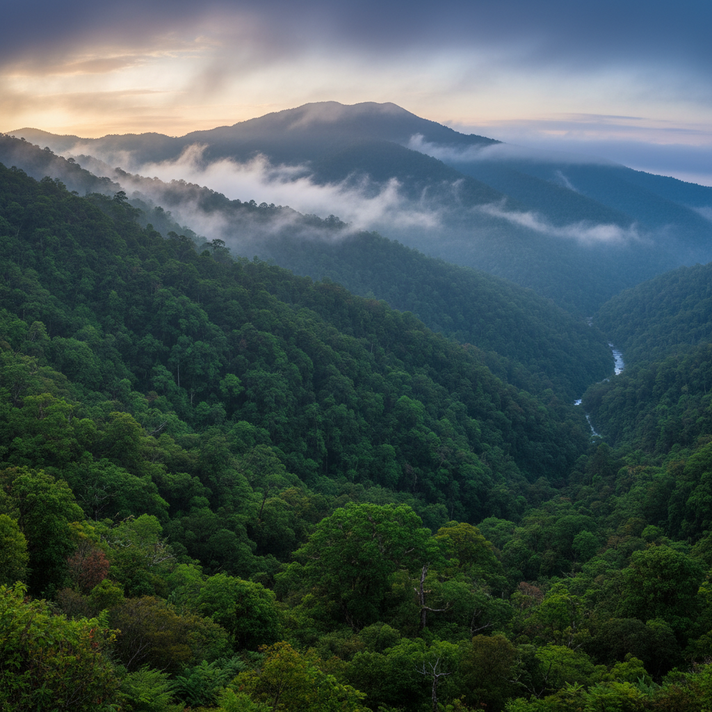 Lush green mountain ridge with morning mist and dense forest in the Blue Ridge mountains