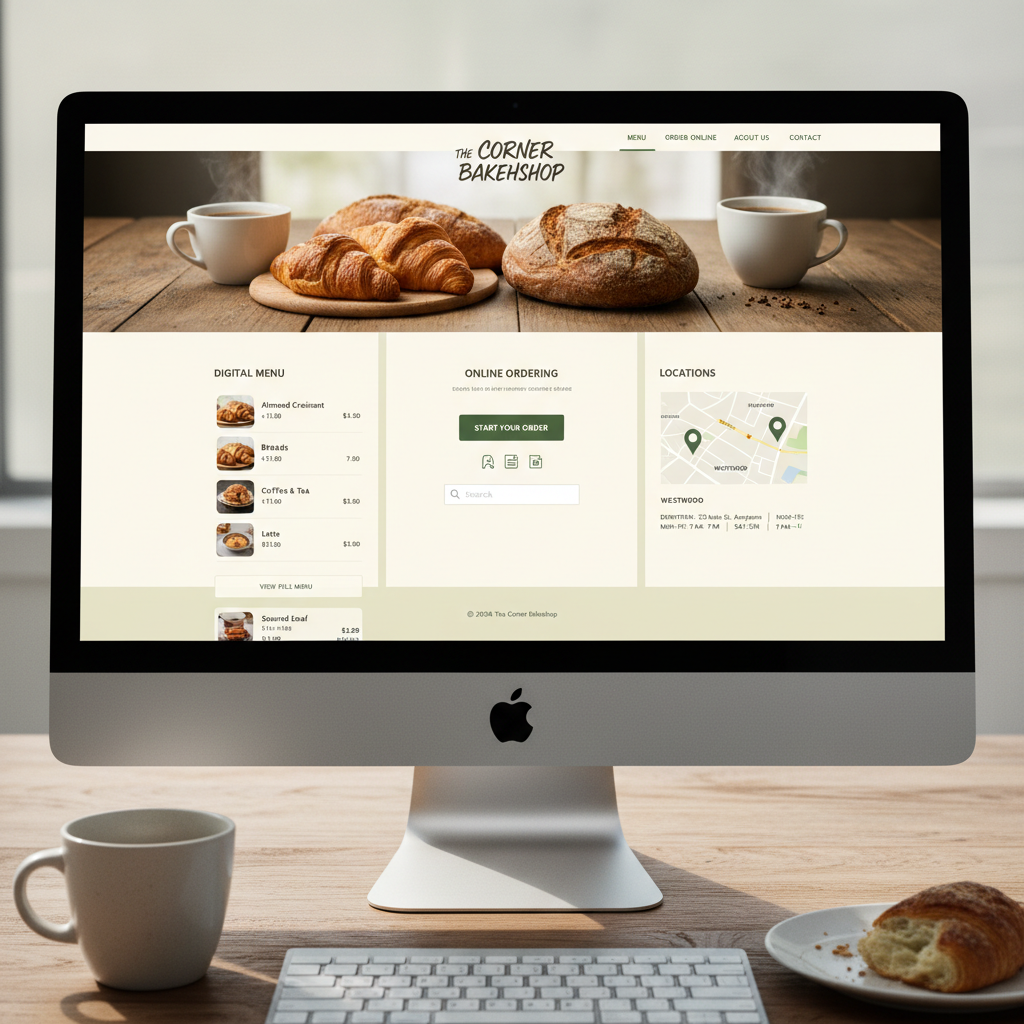 Cafe and bakery website with digital menu, online ordering, and location information