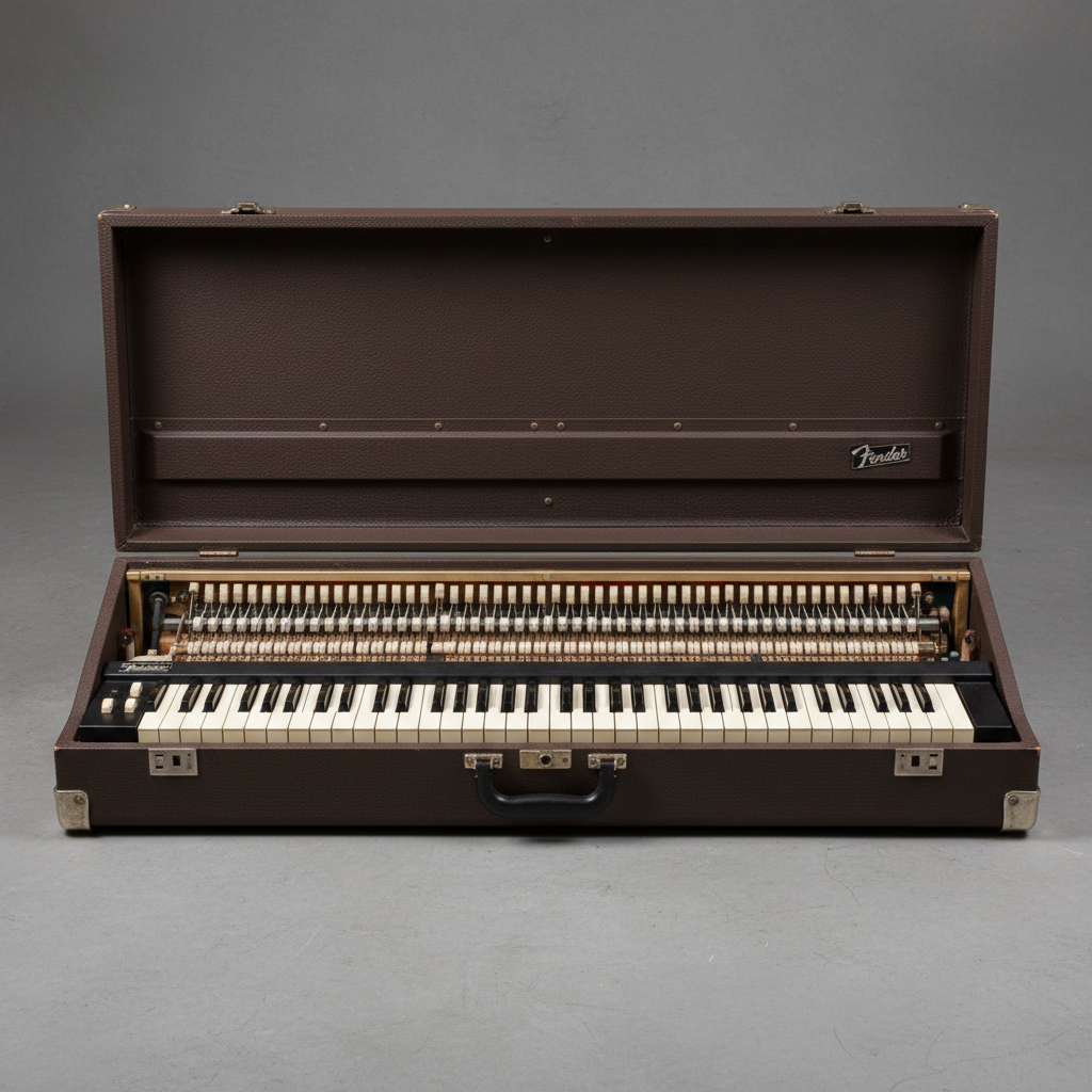 1974 Fender Rhodes electric piano keyboard with suitcase lid open showing tines