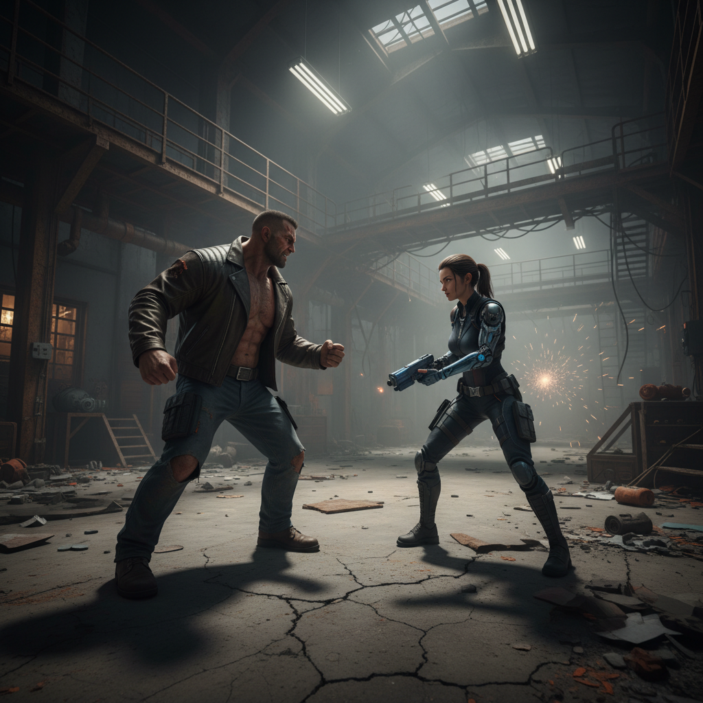 Intense dramatic scene — dark industrial space, harsh spotlighting, deep black shadows, gritty atmosphere, cinematic film still