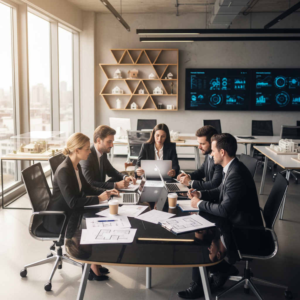 Professional office support staff in bright modern Doha business center, open-plan workspace, well-lit corporate environment