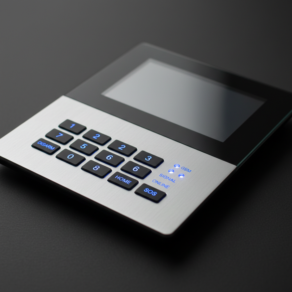 Security alarm control panel keypad with illuminated buttons, dark room, amber status LED glowing