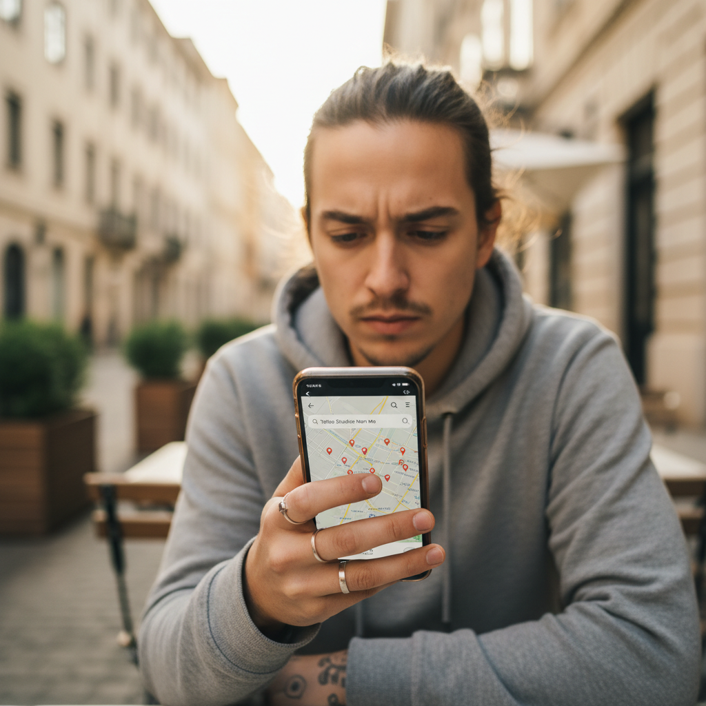 Person searching on a phone for tattoo studios near them in the UK