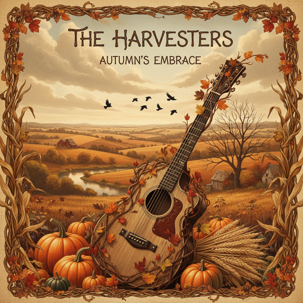 Folk rock album artwork with autumn harvest colors and rural landscape