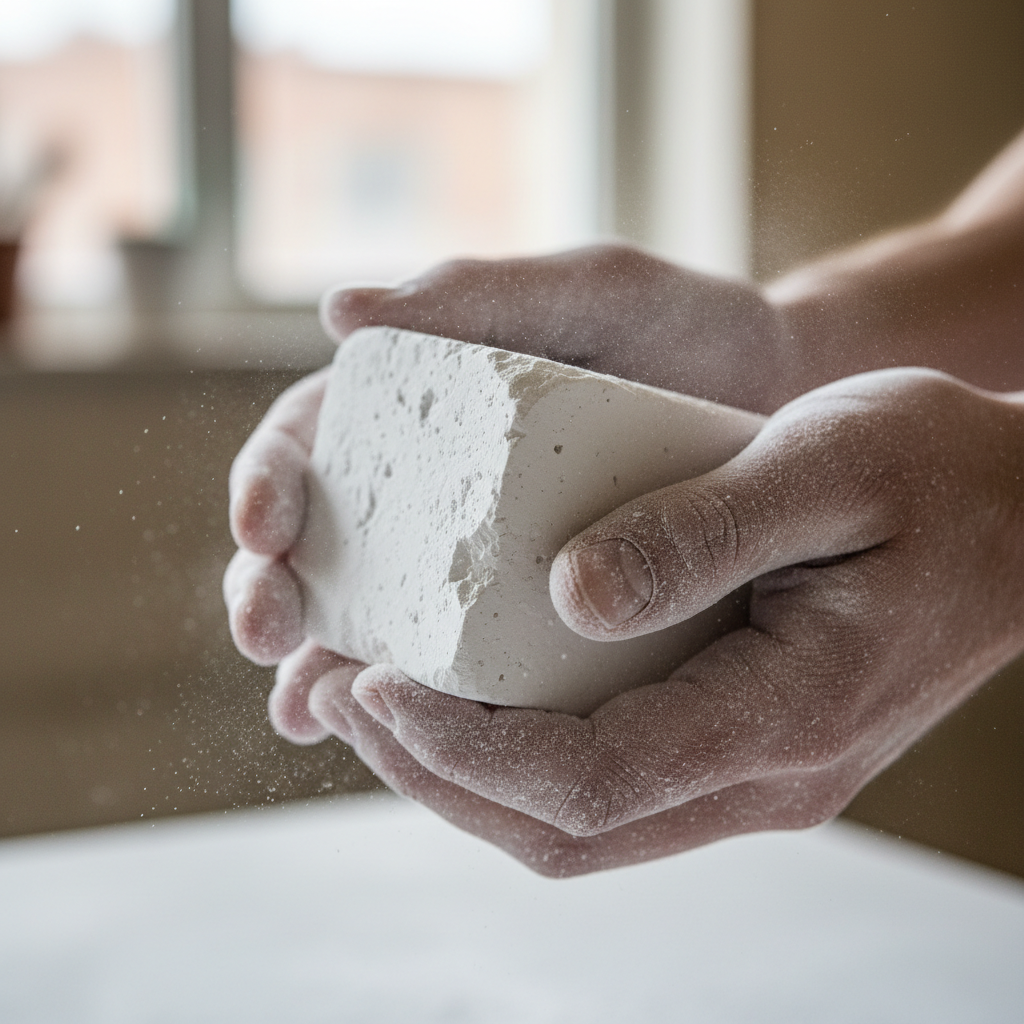 White chalk block with chalk dust on hands