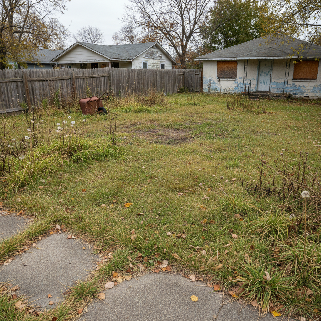 Neglected backyard with uneven grass and overgrown edges before cleanup
