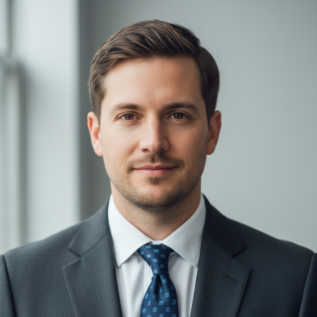 Professional male engineer in business casual attire, bright neutral background
