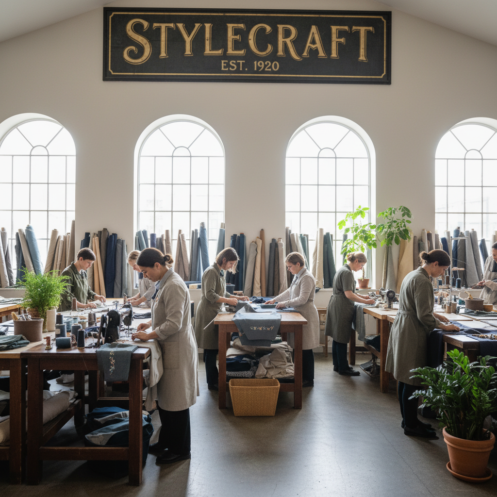 Artisan workshop showcasing traditional curtain craftsmanship with skilled craftspeople creating bespoke pieces