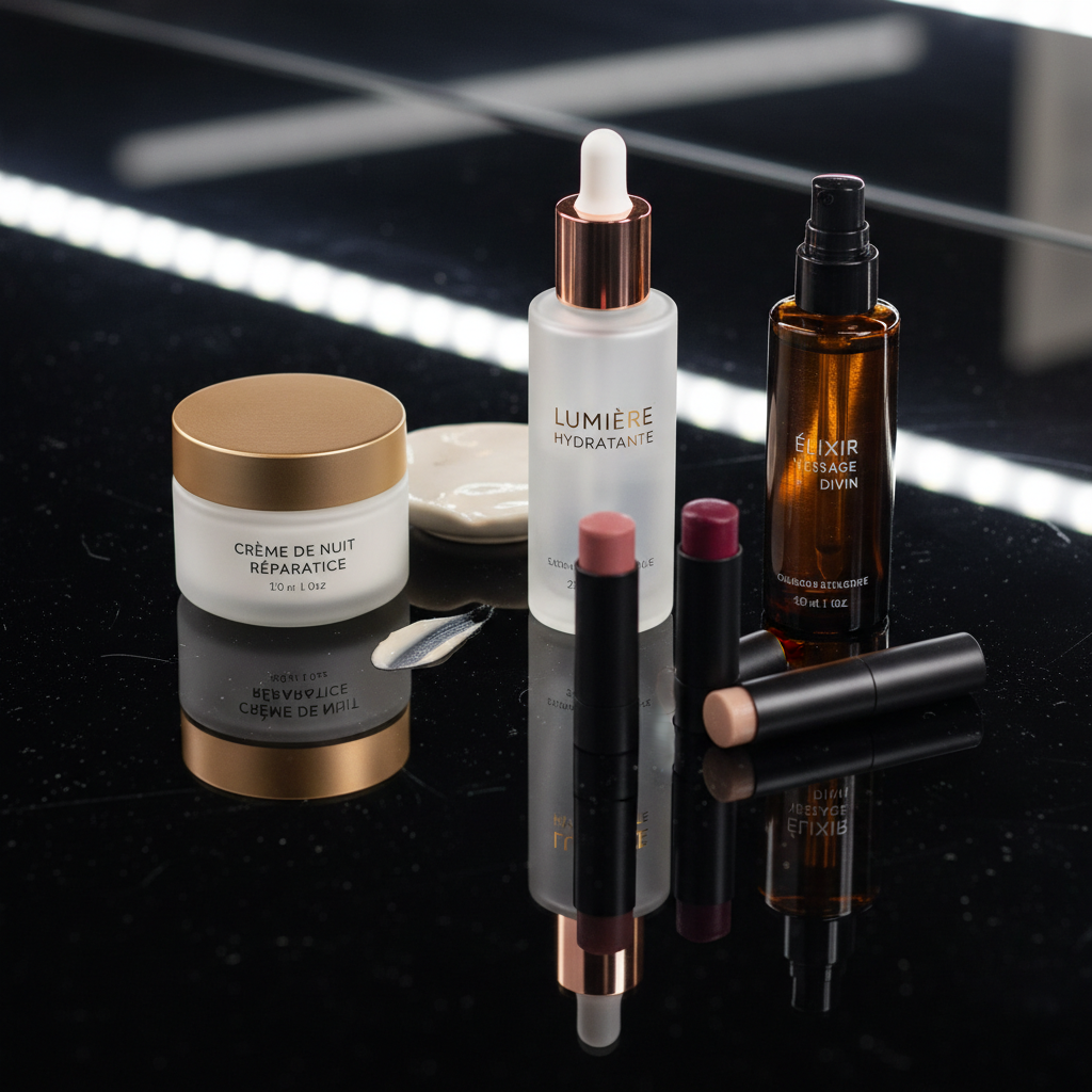 Luxury beauty laboratory with premium skincare formulas on dark surfaces atmospheric lighting