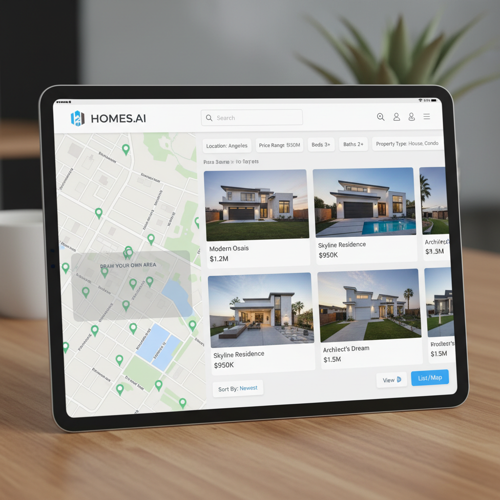 Real estate property listing website showing luxury home interior with modern architecture