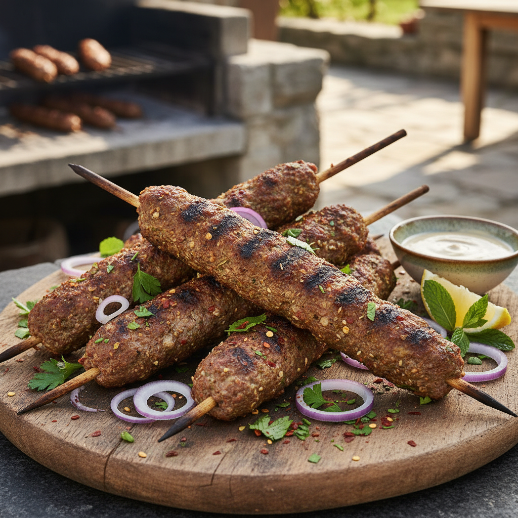 Gemischte Grillplatte mit Schawarma, Kafta und Lammspießen auf einem Holzbrett