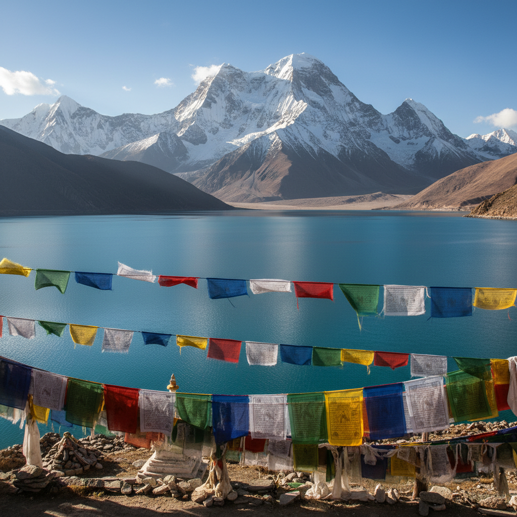 Mount Kailash sacred peak rising above Mansarovar lake with prayer flags in the foreground