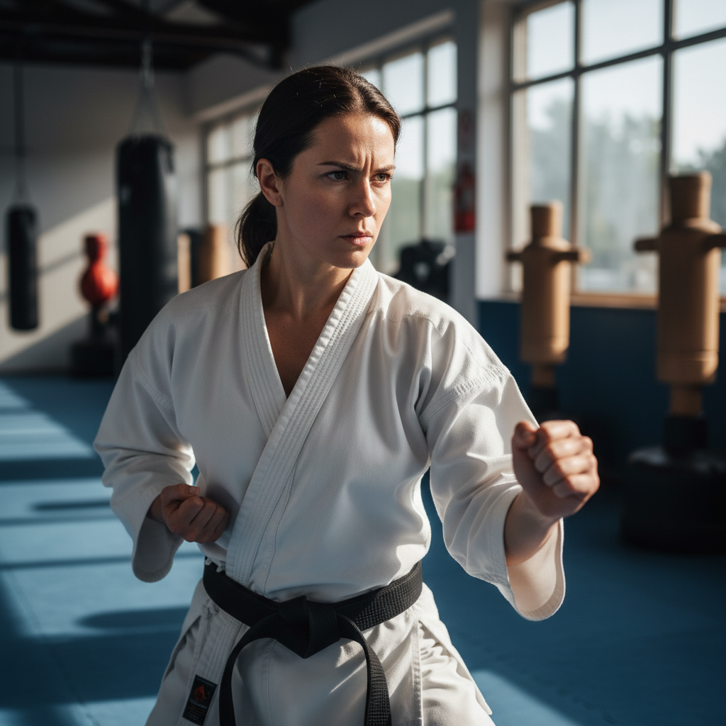 Female BJJ instructor in blue gi, bright training facility, confident and approachable expression