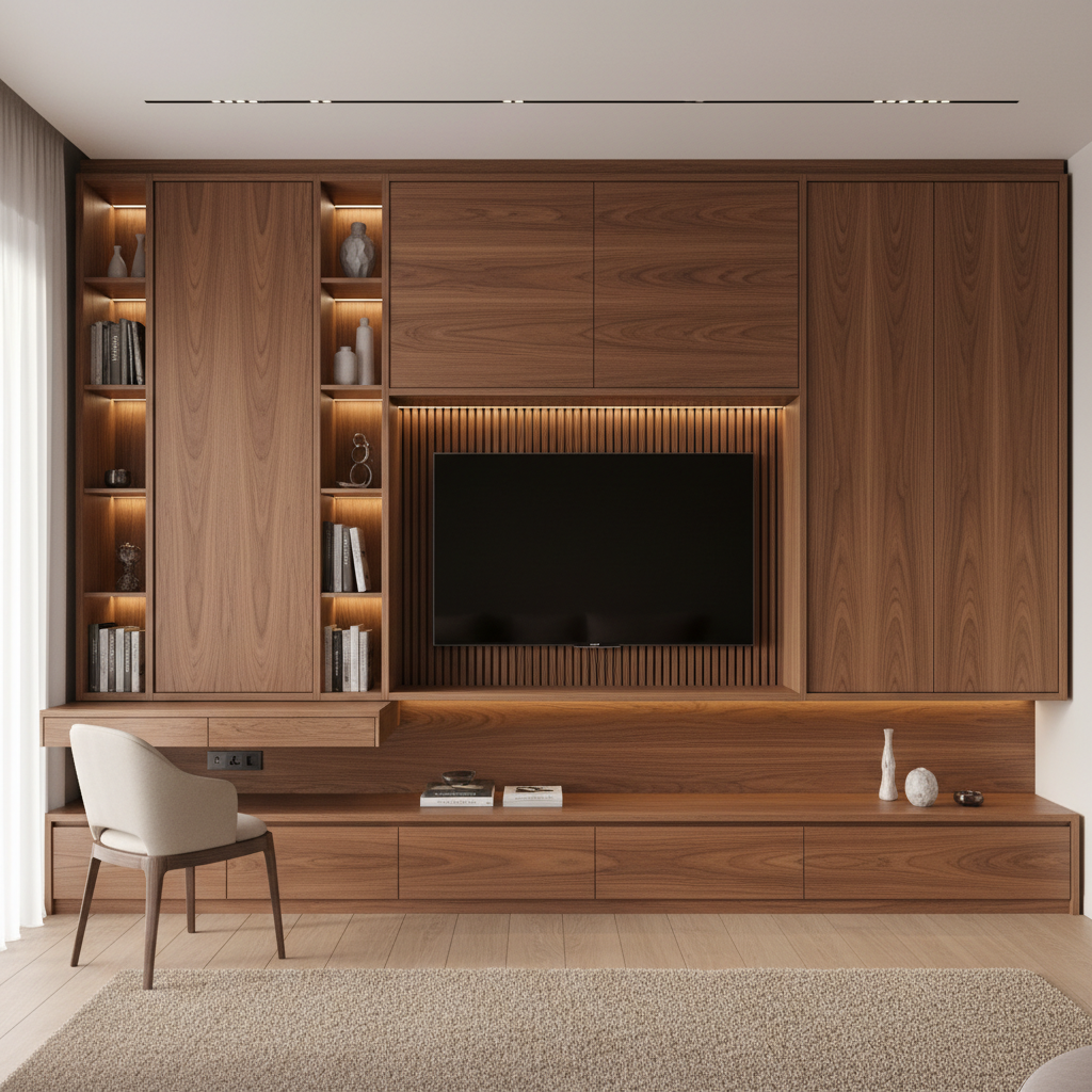 System furniture — custom built-in storage with warm wood tones