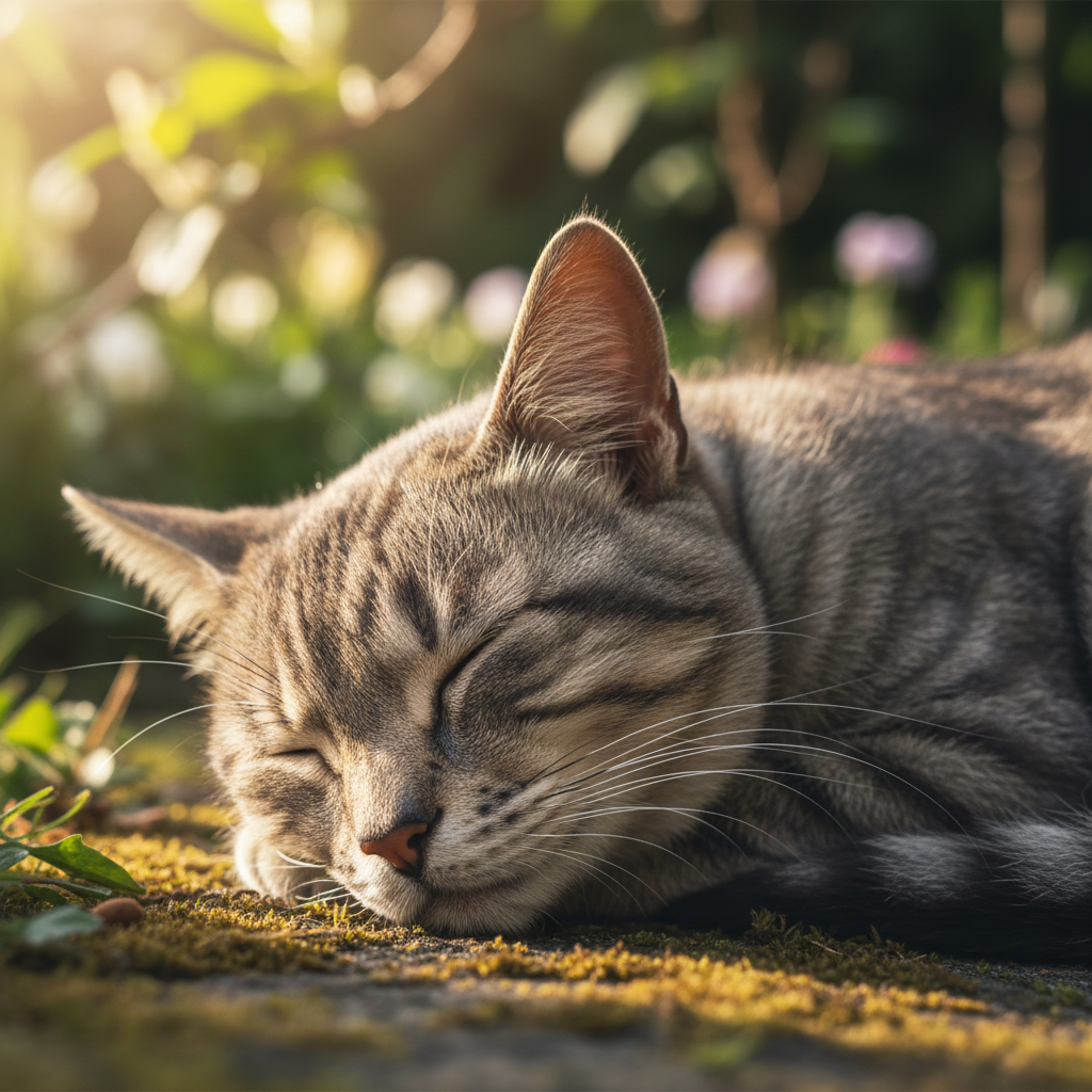 Senior grey cat with notched ear sleeping in a patch of garden sunlight