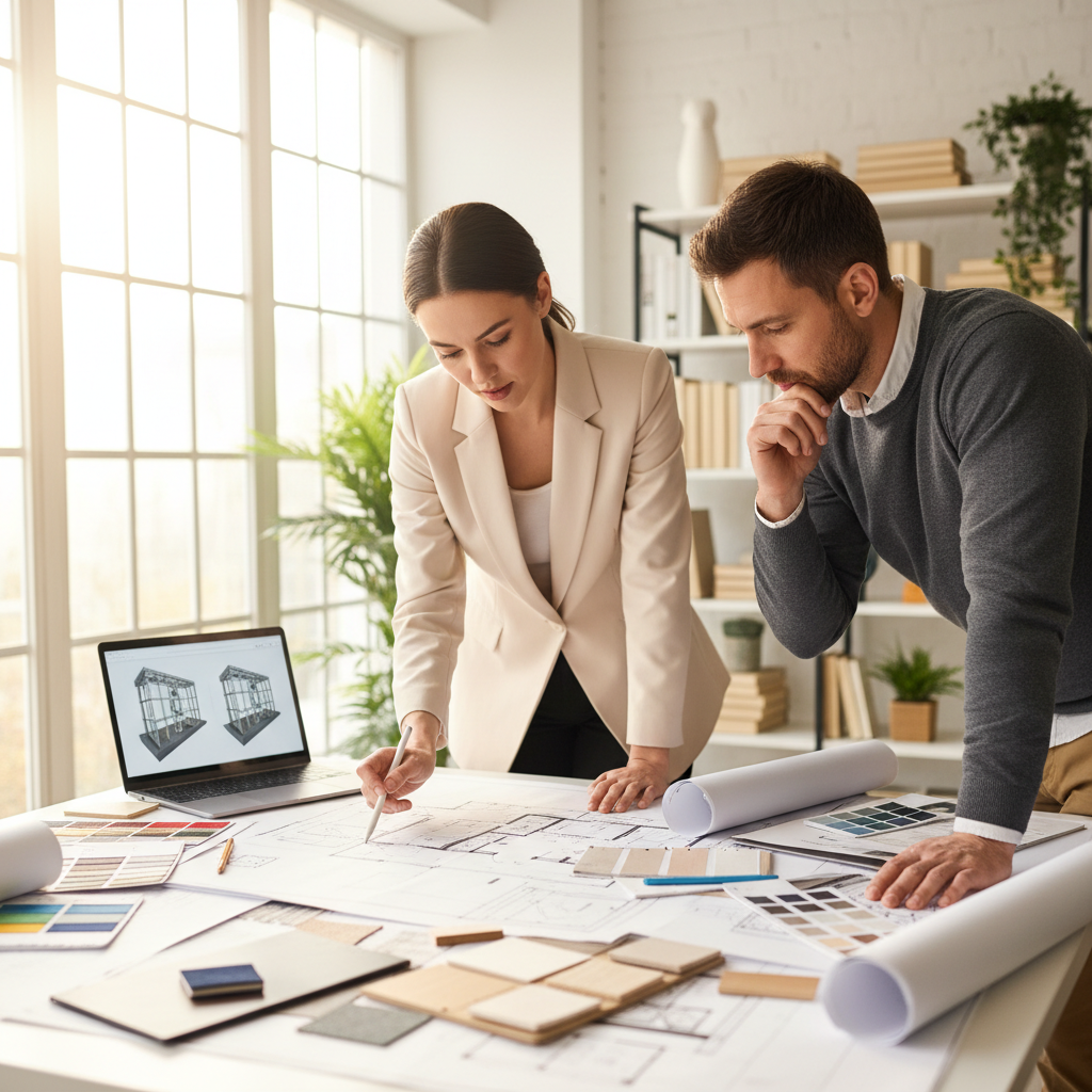 Interior design consultation — designer reviewing plans with client