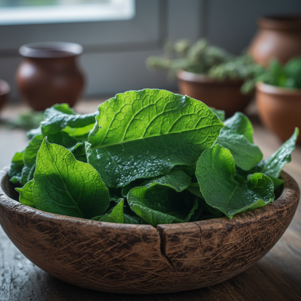 Plantes médicinales fraîches vertes avec feuilles variées sur fond en bois rustique, lumière naturelle chaude
