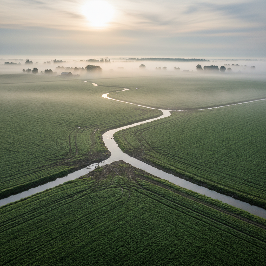 Green alfalfa fields with morning fog lifting, irrigation channels visible between rows
