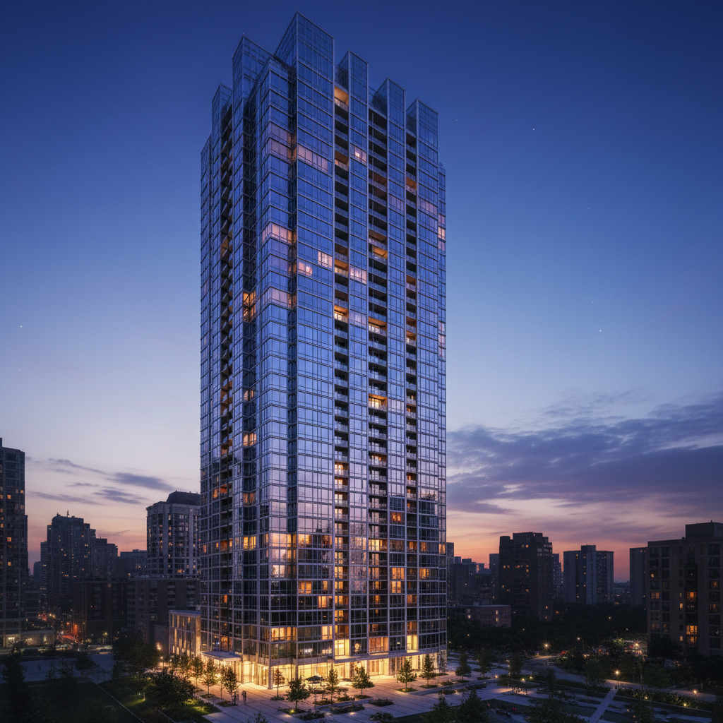 Dramatic twilight architectural exterior with warm interior lighting glowing through floor-to-ceiling glass walls, dark moody sky, deep shadows on concrete facade