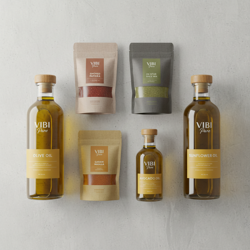 VIBI Pure product packaging lineup showing various oil bottles and spice packets