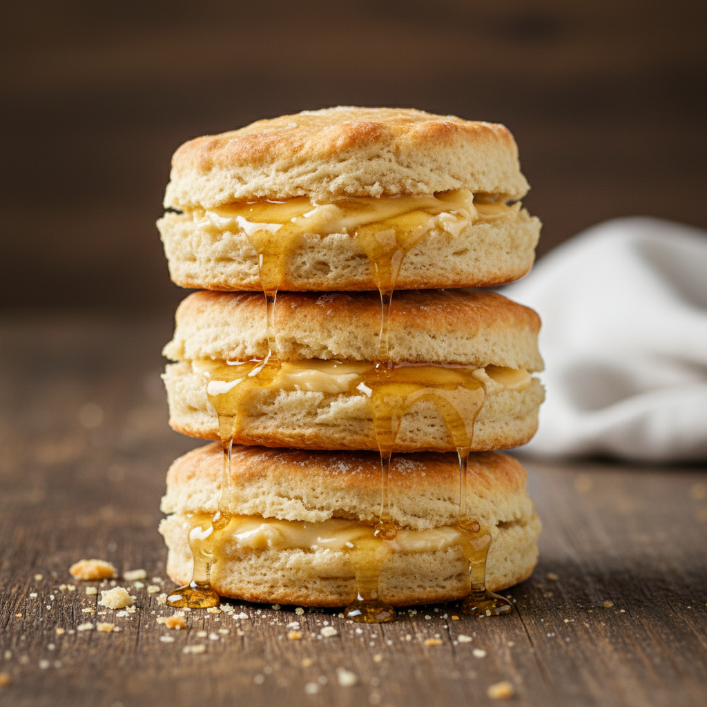 Golden Southern biscuits with honey butter on a dark wood table