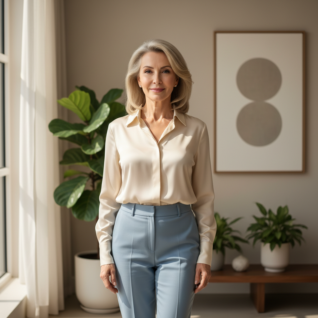 Confident woman in her early 60s with warm smile, bright natural lighting, professional casual attire