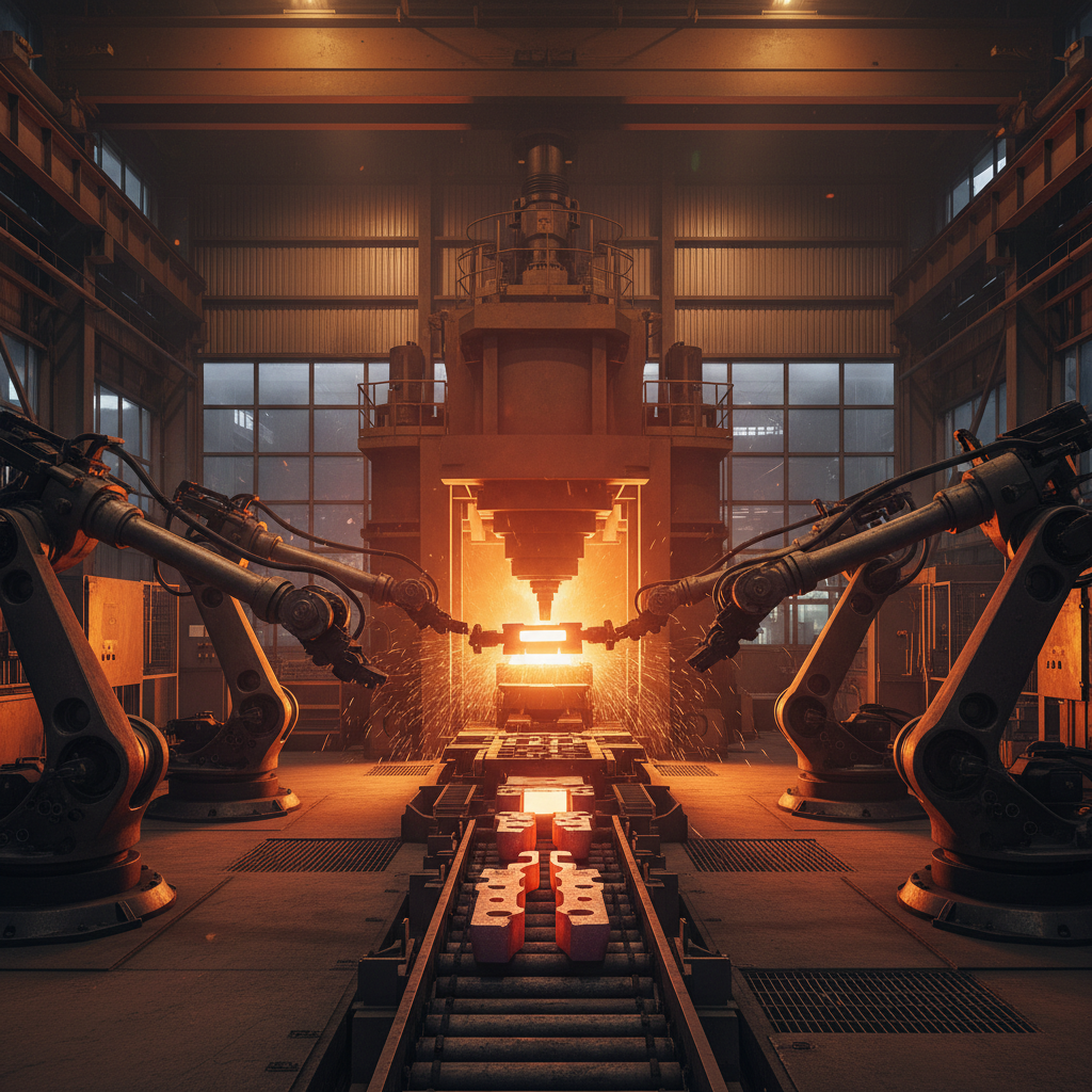 Glass manufacturing plant interior with intense white-orange glow from furnace, dark industrial ceiling and shadowed support structures