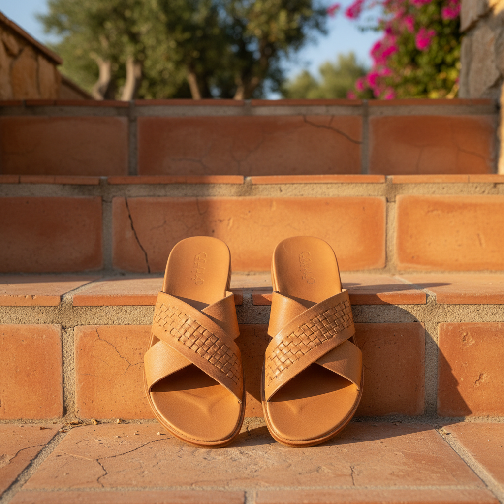 Aegean Slide lifestyle shot worn on terracotta steps, warm afternoon light