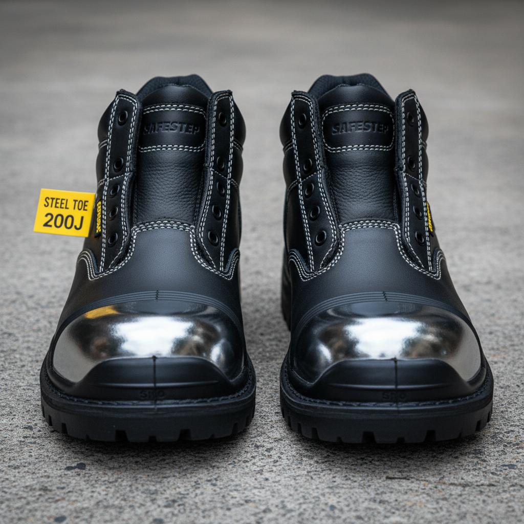 Heavy duty safety boots on bright concrete floor, daylight, clean environment