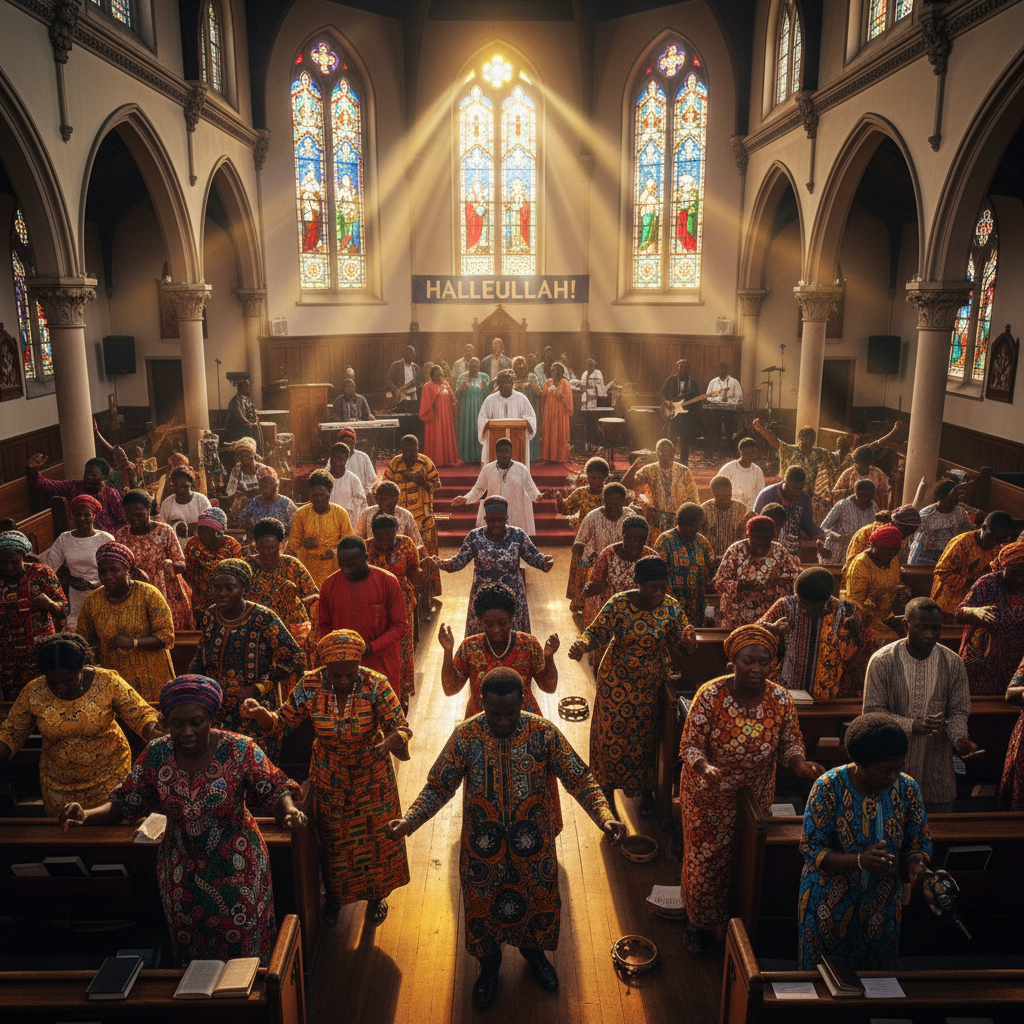 Joyful diverse church congregation gathered for worship, African and European Christians in elegant attire, bright welcoming church interior