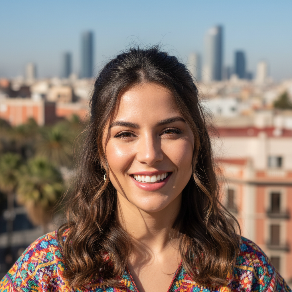 Portrait of Sofia Reyes, a Latina woman tourist smiling with a city backdrop