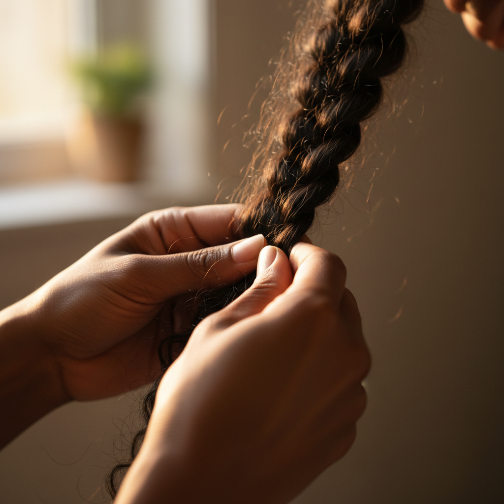 Close-up of hands braiding hair with golden light on dark skin, documentary thumbnail