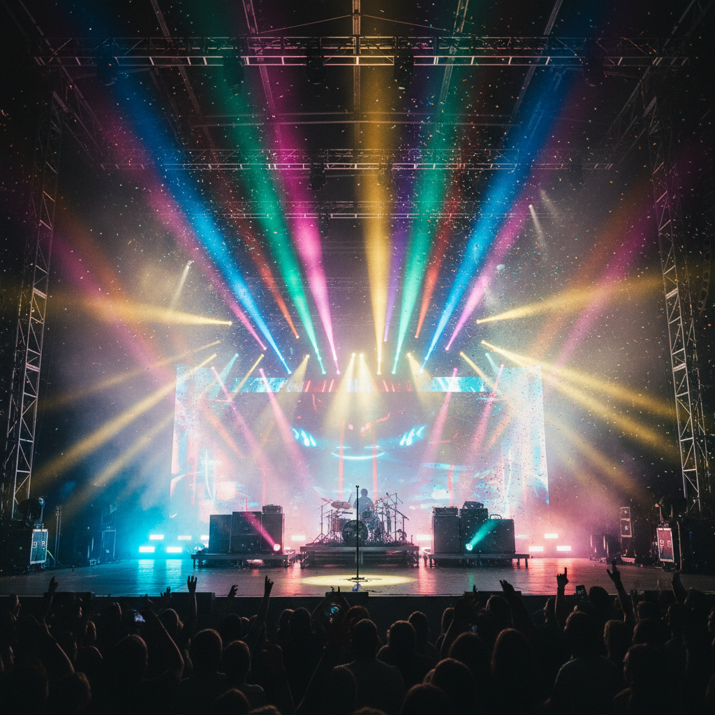 Live music concert crowd, dramatic stage lighting, dark venue, atmospheric haze and deep shadows