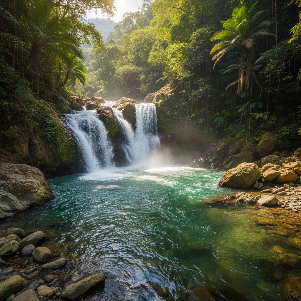 Crystal clear emerald green pool surrounded by lush tropical rainforest and cascading waterfall