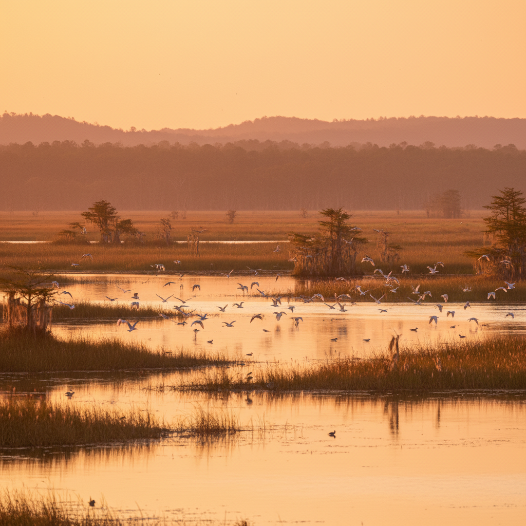 Flock of birds flying over bright wetland marsh at golden hour, open sky, light reflecting on water, airy natural scene