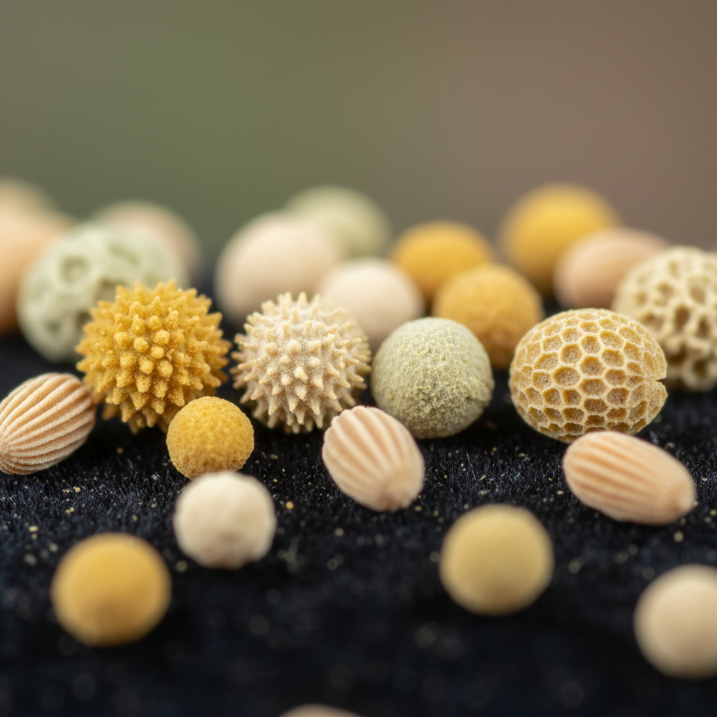 Before: raw unedited macro photograph of pollen grains, flat and desaturated