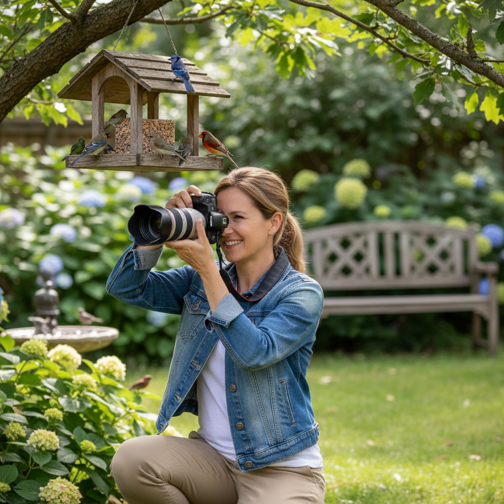 Chapter member Priya photographing birds at feeder